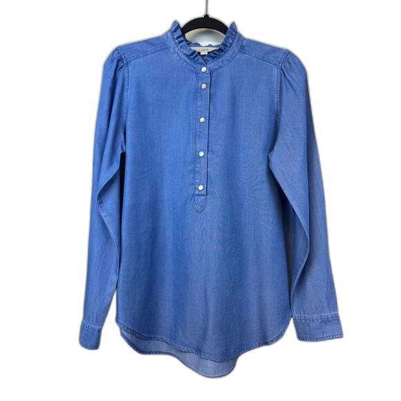LOFT Pearl Snap Lyocell Chambray Popover Shirt Ruffle Neck, Sz S - Picture 1 of 9